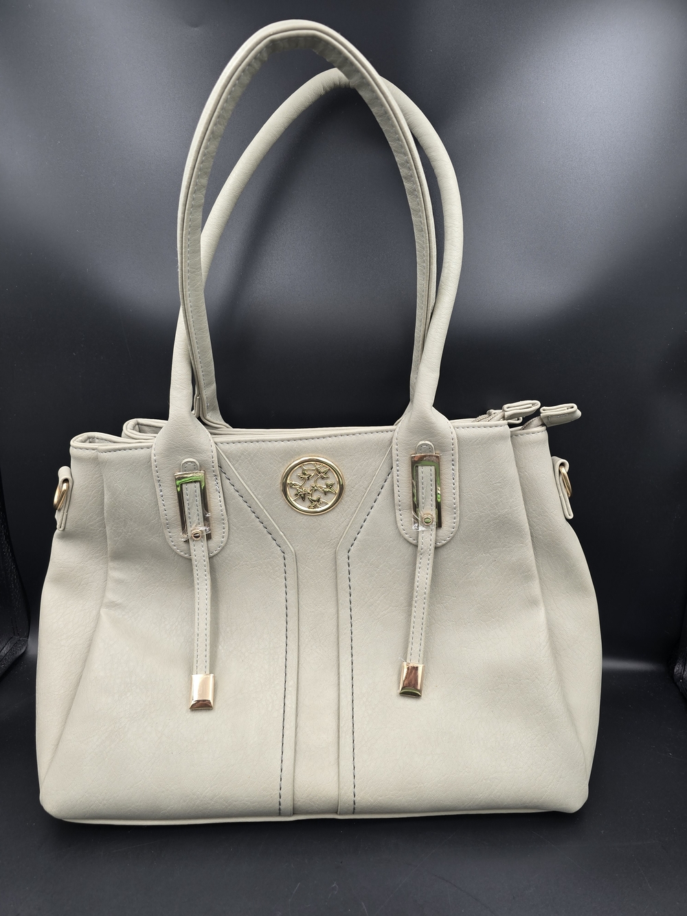 Cream Structured Satchel Handbag with Gold Accent